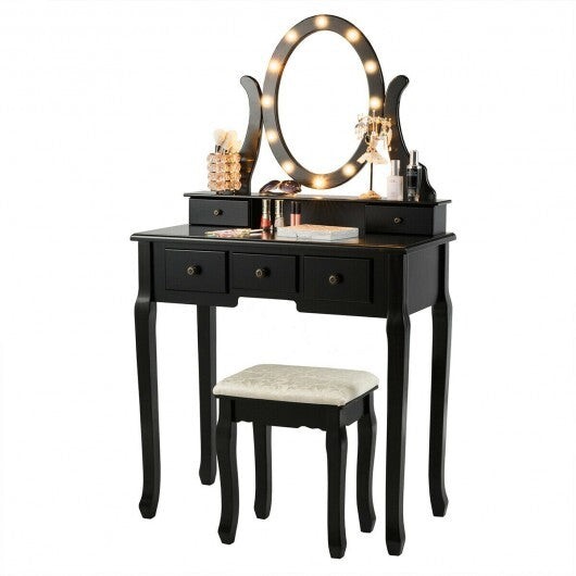 5 Drawers Vanity Table Stool Set with 12-LED Bulbs-Black LuxuryLifeWay Online Store