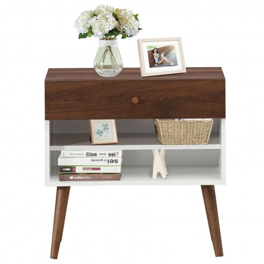 Mid-Century Nightstand with Drawer and Rubber Wood Legs - Color: Brown LuxuryLifeWay Online Store