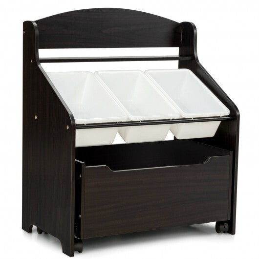 Kids Wooden Toy Storage Unit Organizer with Rolling Toy Box and Plastic Bins-Espresso - Color: Dark Brown LuxuryLifeWay Online Store