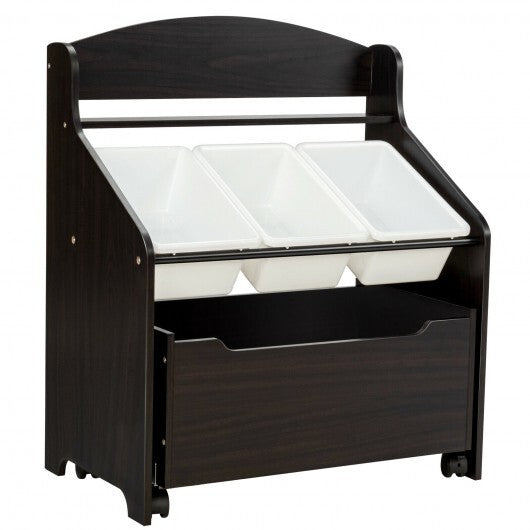 Kids Wooden Toy Storage Unit Organizer with Rolling Toy Box and Plastic Bins-Espresso LuxuryLifeWay Online Store