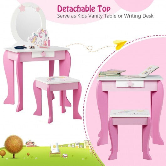 Kids Wooden Makeup Dressing Table and Chair Set with Mirror and Drawer-Pink - Color: Pink LuxuryLifeWay Online Store
