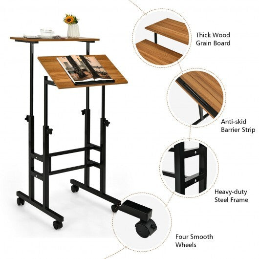 Height-adjustable Mobile Standing Desk with Split Top and Adjustable Angle-Walnut