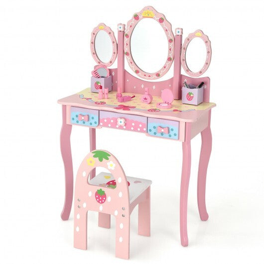 Kids Vanity Princess Makeup Dressing Table Chair Set with Tri-fold Mirror-White