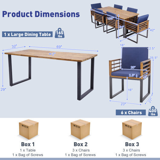 7 Pieces Patio Acacia Wood Dining Chair and Table Set for Backyard and Poolside-Navy LuxuryLifeWay Online Store