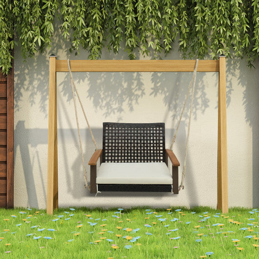 Single Rattan Porch Swing with Armrests Cushion and Hanging Ropes-White LuxuryLifeWay Online Store