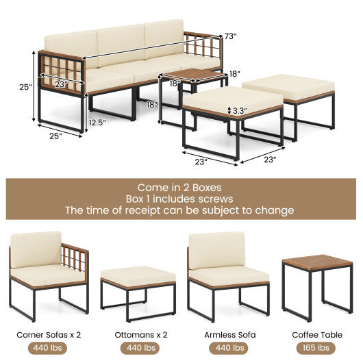 6 Pieces Acacia Wood Patio Furniture Set with Coffee Table and Ottomans-Beige LuxuryLifeWay Online Store