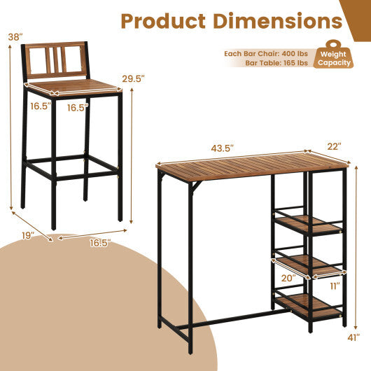 3 Pieces Outdoor Wood Bar Set with 3-Tier Storage Shelf and Metal Frame LuxuryLifeWay Online Store