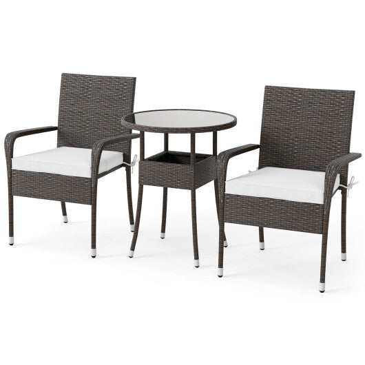 3-Piece Patio Furniture Set PE Rattan Wicker Chairs with Tempered Glass Top Table-White LuxuryLifeWay Online Store