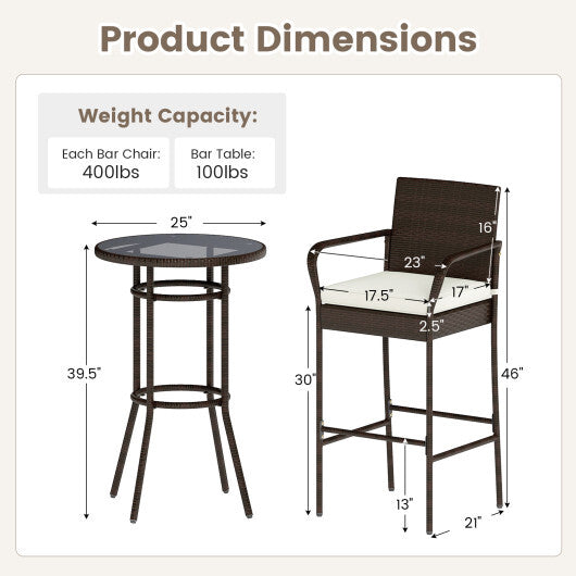 Patio Rattan Bar Height Table and Chairs with 2 Seat Cushions for Porch-White LuxuryLifeWay Online Store