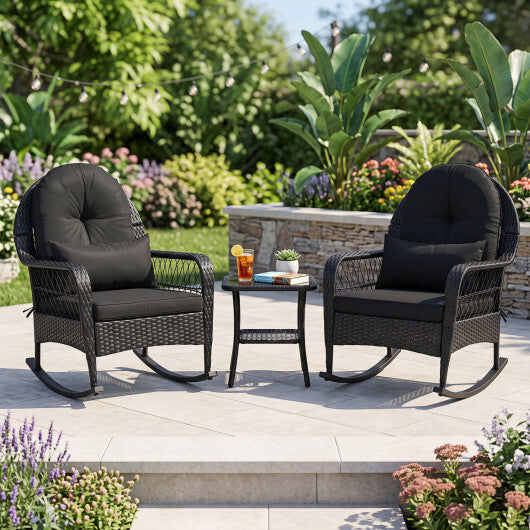 Outdoor Wicker Rocking Chair with Anti-Tip Stoppers and Thick Cushions for Porch-Black LuxuryLifeWay Online Store