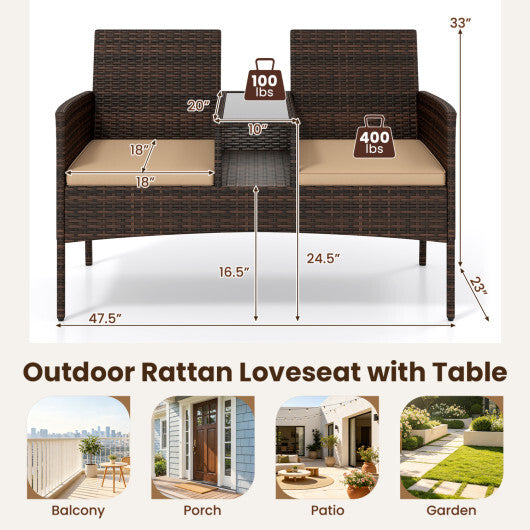 Patio Loveseat Wicker 2-Seat Conversation Set with Built-in Coffee Table-Brown LuxuryLifeWay Online Store