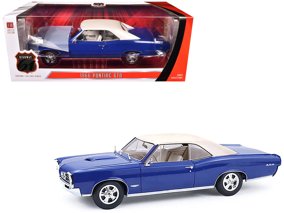 1966 Pontiac GTO Barrier Blue with White Top and Interior 1/18 Diecast Model Car by Highway 61 LuxuryLifeWay Online Store