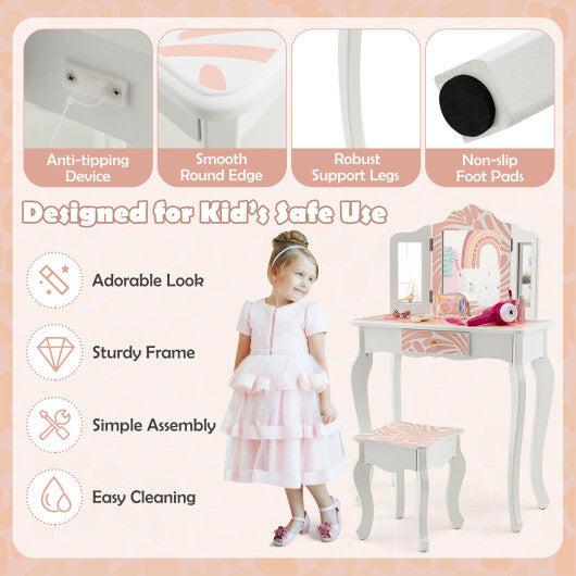 2-in-1 Kids Vanity Table Set with Tri-folding Mirror-Pink LuxuryLifeWay Online Store