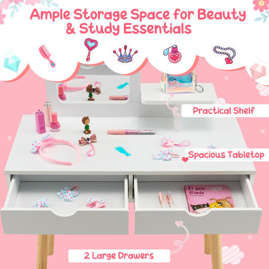 Kid Vanity Table Chair Set with Mirror and 2 Large Storage Drawers-White LuxuryLifeWay Online Store
