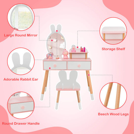 Kids Vanity Table and Chair Set with Drawer Shelf and Rabbit Mirror-Pink LuxuryLifeWay Online Store