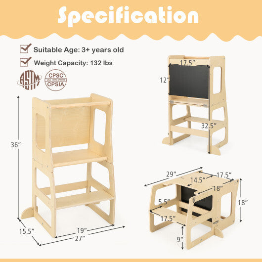 3-in-1 Foldable Kitchen Standing Tower for Toddlers with Chalkboard-Natural LuxuryLifeWay Online Store