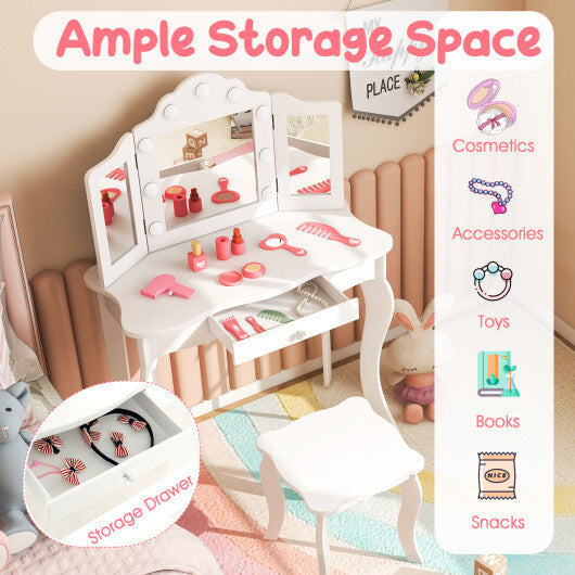 Kid Vanity Table Stool Set with Tri-Folding Mirror and 3-Color LED Lights-Pink LuxuryLifeWay Online Store