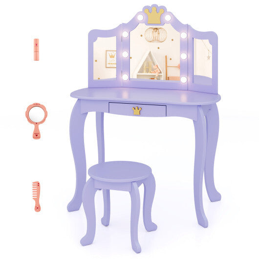 Kids Vanity Set with Tri-fold Lighted Mirror Detachable Top and Stool-Pink LuxuryLifeWay Online Store