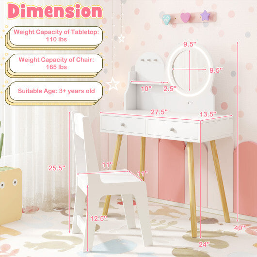 Kids Princess Makeup Dressing Desk and Chair Set with Mirror and Lights-Pink