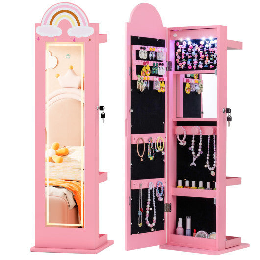 3 In 1 Kids Jewelry Cabinet Freestanding Jewelry Armoire with 3-Color Lighted Mirror-White LuxuryLifeWay Online Store