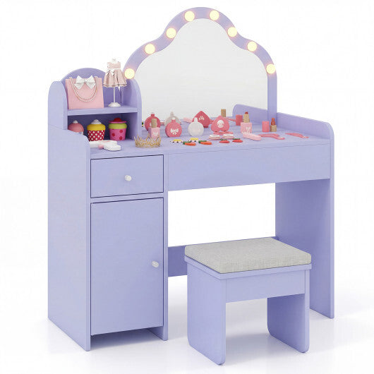 Kids Vanity Desk with Mirror and Lights Princess Pretend Play Dressing Table-Purple LuxuryLifeWay Online Store