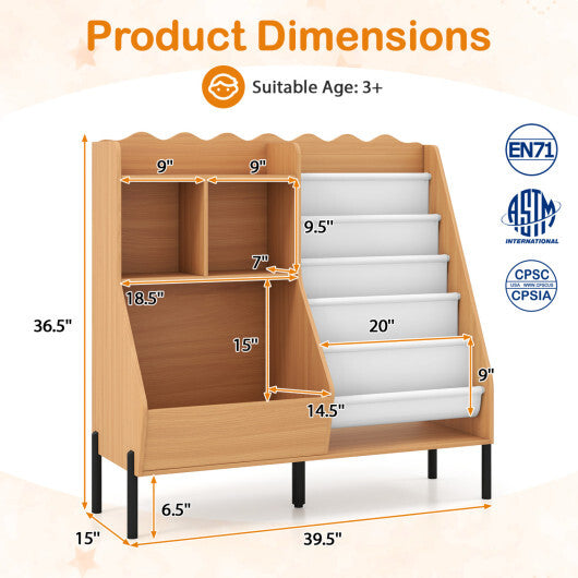 Kids Bookshelf and Toy Storage Organizer Wooden Bookcase with 5 Fabric Pockets-Natural LuxuryLifeWay Online Store
