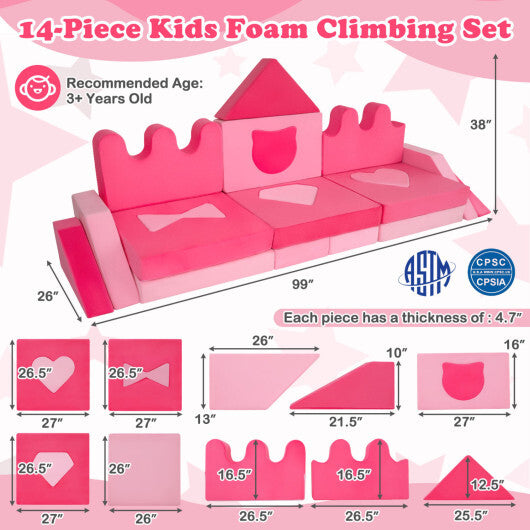 14 Piece Kids Play Couch Modular Foam Climbing Blocks for Kids 3+ Years Old-Pink LuxuryLifeWay Online Store
