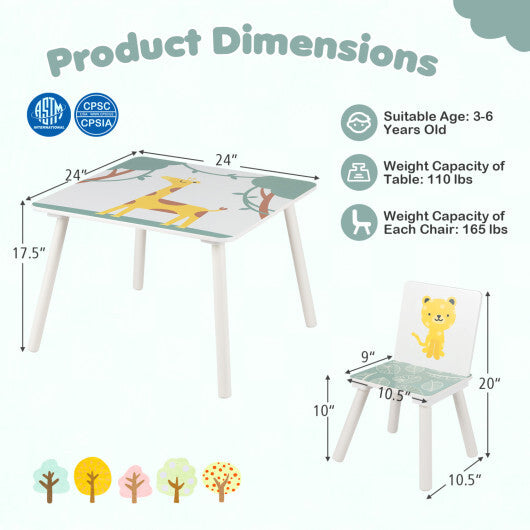 3 Pieces Kids Table and Chairs Set with Animal Patterns for Aged 3-6 Years Old LuxuryLifeWay Online Store