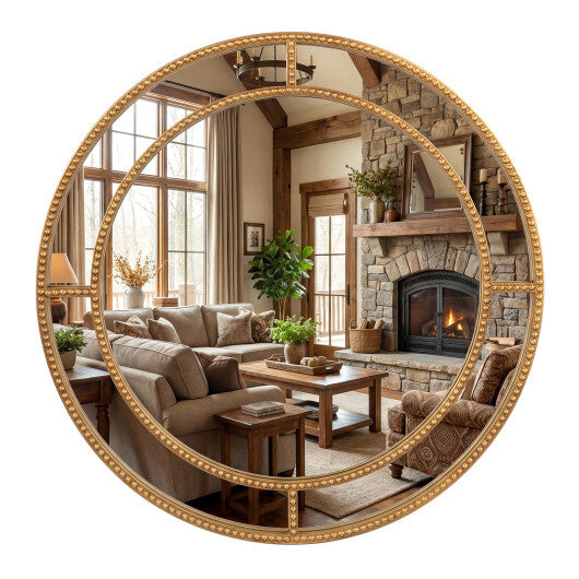 28 Inch Gold Round Wall Mirror with Beaded Frame for Living Room Entryway-Golden LuxuryLifeWay Online Store