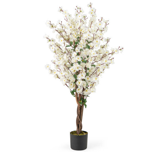 Faux Plum Blossom Plant with White Fabric Flower and Solid Wood Trunk-White LuxuryLifeWay Online Store