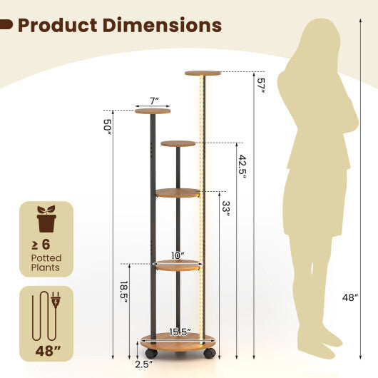 6-tier Plant Stand with RGB Light and Wheels 57inch Tall Indoor Display Shelf Flowerpot Holder-Natural LuxuryLifeWay Online Store