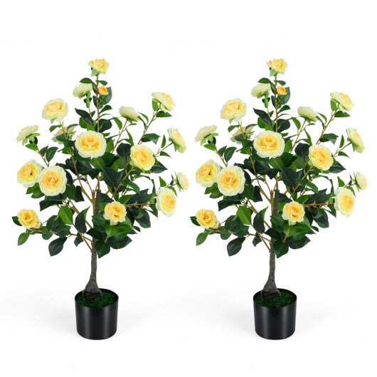 2-Pack Artificial Camellia Tree Faux Flower Plant in Cement-Filled Pot-White LuxuryLifeWay Online Store