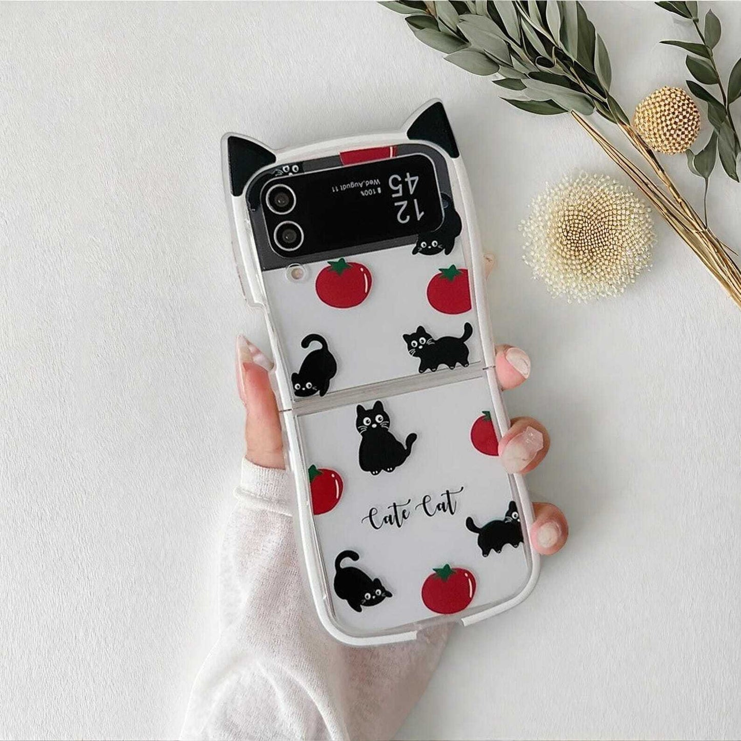 Cute Tomato Cat Phone Case with Ears for Samsung Galaxy Z Flip 3 4 5 6 - Fun Shockproof Protective Cover for Cat Lovers LuxuryLifeWay Online Store