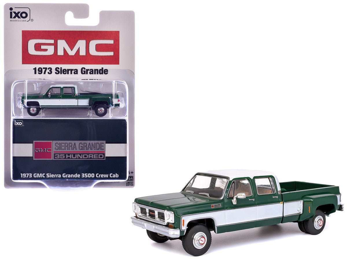 1973 GMC Sierra Grande 3500 Crew Cab Dually Pickup Truck Green and White 1/64 Diecast Model by IXO Models LuxuryLifeWay Online Store
