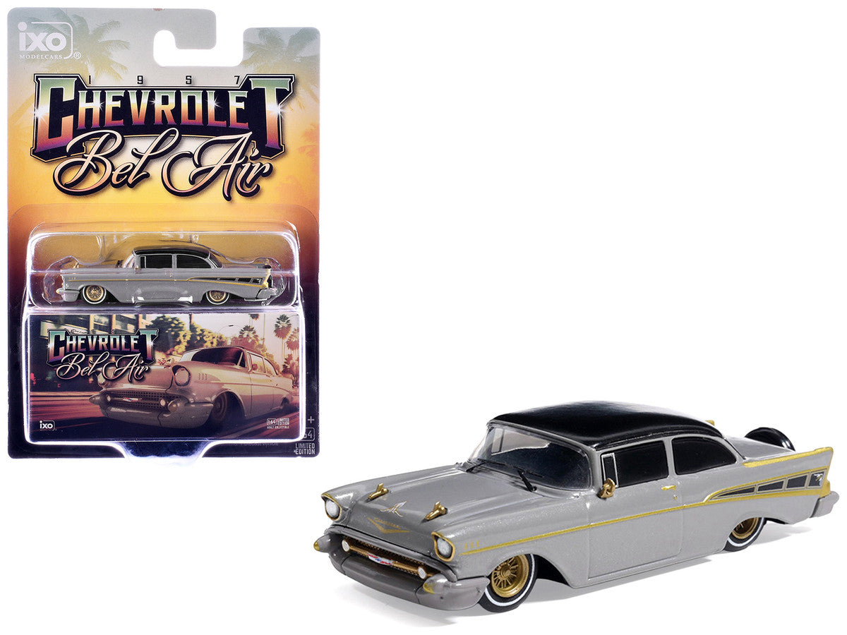 1957 Chevrolet Bel Air Lowrider Gray with Black Top and Gold Accents 1/64 Diecast Model Car by IXO Models LuxuryLifeWay Online Store