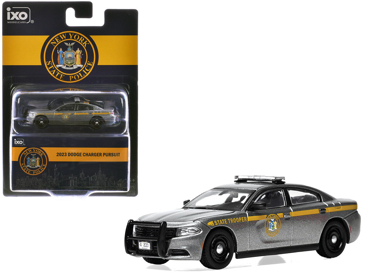 2023 Dodge Charger Pursuit "New York State Police" Gray Metallic with Yellow Stripes 1/64 Diecast Model by IXO Models LuxuryLifeWay Online Store