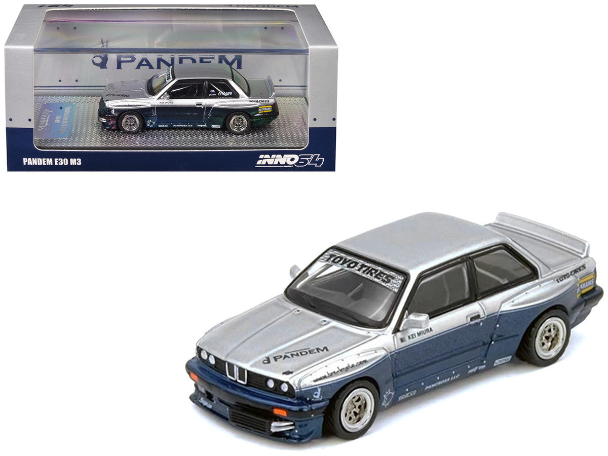 Pandem E30 M3 Silver Metallic and Dark Blue 1/64 Diecast Model Car by Inno Models LuxuryLifeWay Online Store