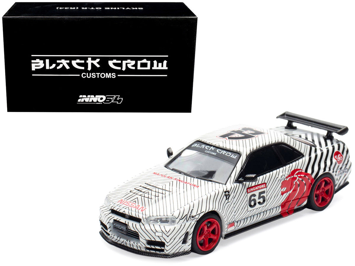 Nissan Skyline GT-R (R34) RHD (Right Hand Drive) #65 "Black Crow" White with Black Pinstripes "Singapore Diecast Expo 2025 Event Edition" 1/64 Diecast Model Car by Inno Models LuxuryLifeWay Online Store