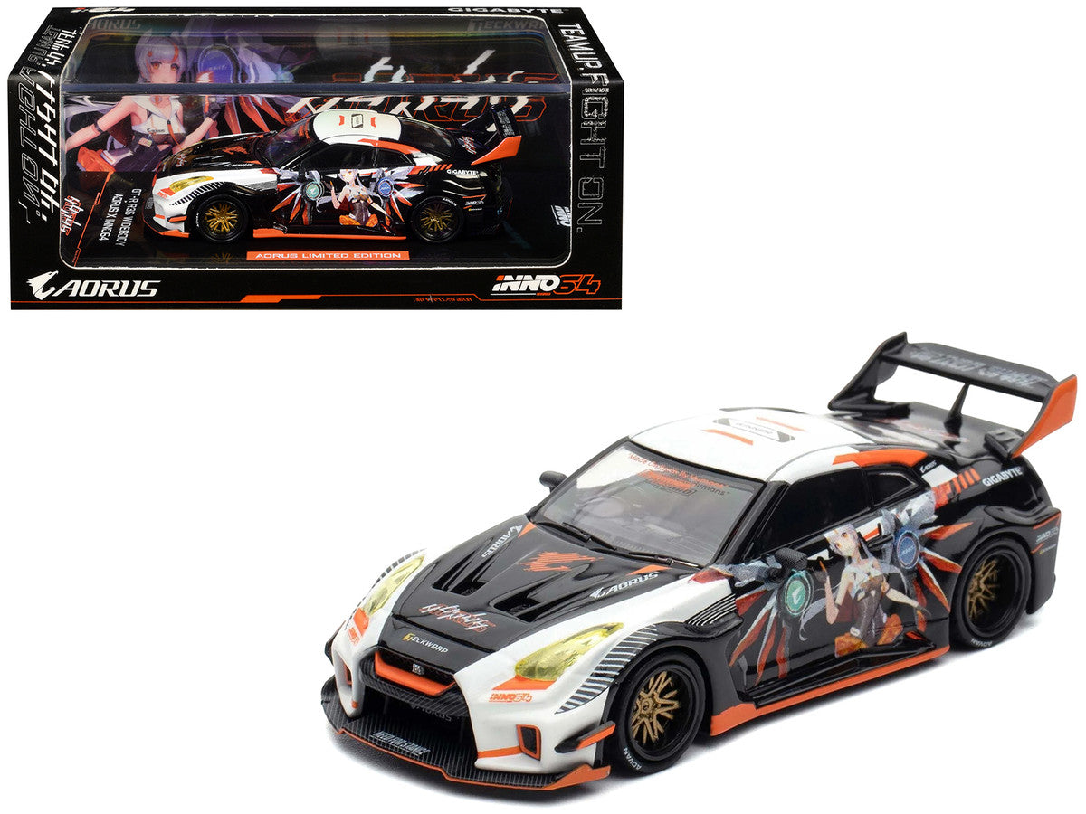 Nissan GT-R (R35) Widebody RHD (Right Hand Drive) Black and White with Graphics "AORUS X INNO64 Limited Edition" 1/64 Diecast Model Car by Inno Models LuxuryLifeWay Online Store