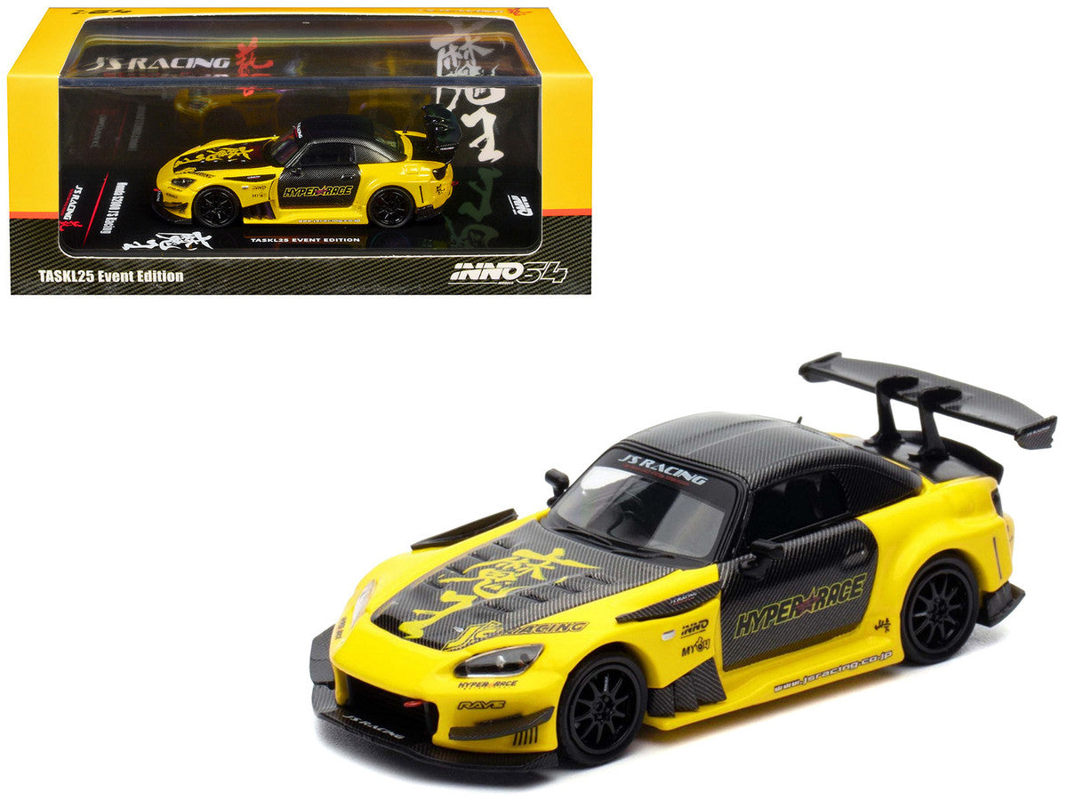 Honda S2000 RHD (Right Hand Drive) "J's Racing" Yellow with Carbon Hood and Top with Graphics "Tokyo Auto Salon Kuala Lumpur 2025 Event Edition" 1/64 Diecast Model Car by Inno Models LuxuryLifeWay Online Store
