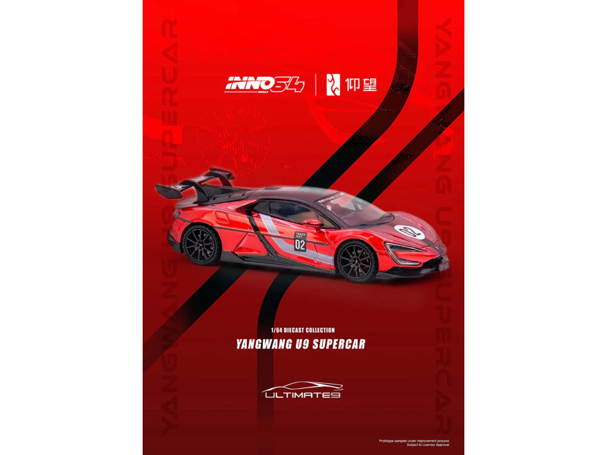 2025 Yangwang U9 Xtreme Test Car #02 Red Metallic with White Stripes and Carbon Top "World Fastest EV Supercar" 1/64 Diecast Model Car by Inno Models LuxuryLifeWay Online Store