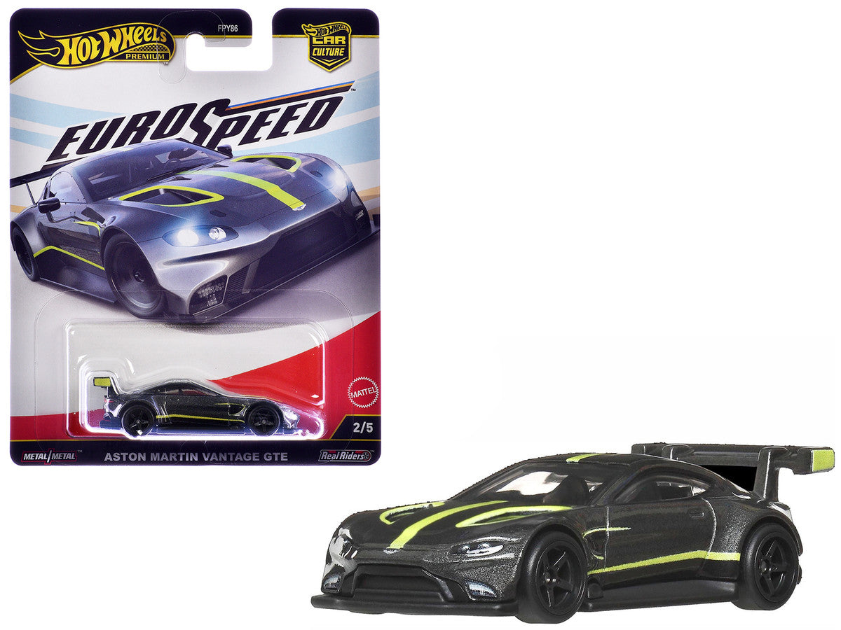 Aston Martin Vantage GTE Dark Gray Metallic with Lime Green Stripes "Euro Speed" Series Diecast Model Car by Hot Wheels LuxuryLifeWay Online Store