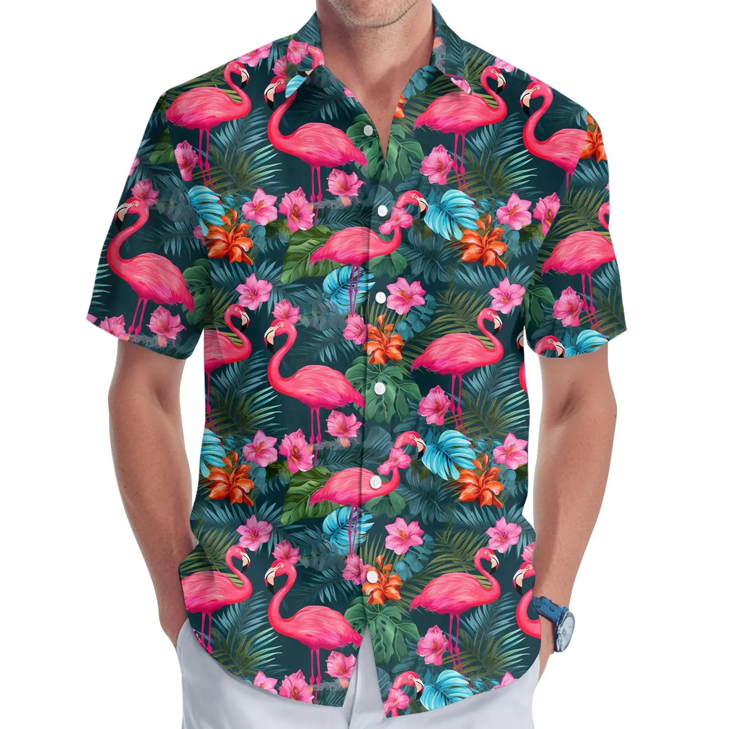 Flamingo Button Shirt for Men Tropical Flamingo Unisex Hawaiian Shirt Flamingo Mens Short Sleeve Shirt Mens Gifts (Small)