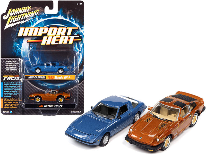1982 Mazda RX-7 Blue Metallic and 1981 Datsun 280ZX Orange Mist Metallic "Import Heat" Set of 2 Cars 1/64 Diecast Model Cars by Johnny Lightning LuxuryLifeWay Online Store