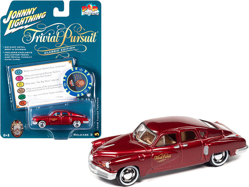 1948 Tucker Torpedo Red Maroon Metallic "Tucker: The Man and His Dream" (1988) Movie with Poker Chip (Collector Token) and Game Card "Trivial Pursuit" "Pop Culture" Series 3 1/64 Diecast Model Car by Johnny Lightning LuxuryLifeWay Online Store
