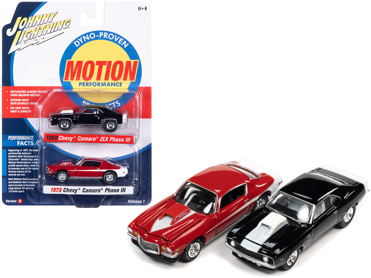 1969 Chevrolet Camaro ZLX Phase III Black with White Stripes and 1973 Chevrolet Camaro Phase III Medium Red and White "Baldwin Motion" Set of 2 Cars 1/64 Diecast Model Cars by Johnny Lightning LuxuryLifeWay Online Store