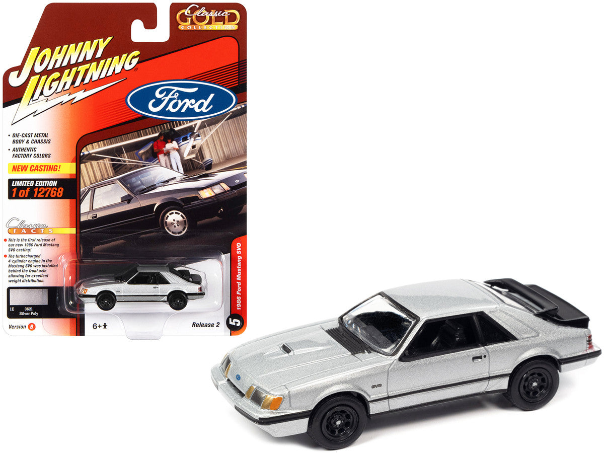 1986 Ford Mustang SVO Silver Metallic with Black Stripes "Classic Gold Collection" Series Limited Edition to 12768 pieces Worldwide 1/64 Diecast Model Car by Johnny Lightning LuxuryLifeWay Online Store