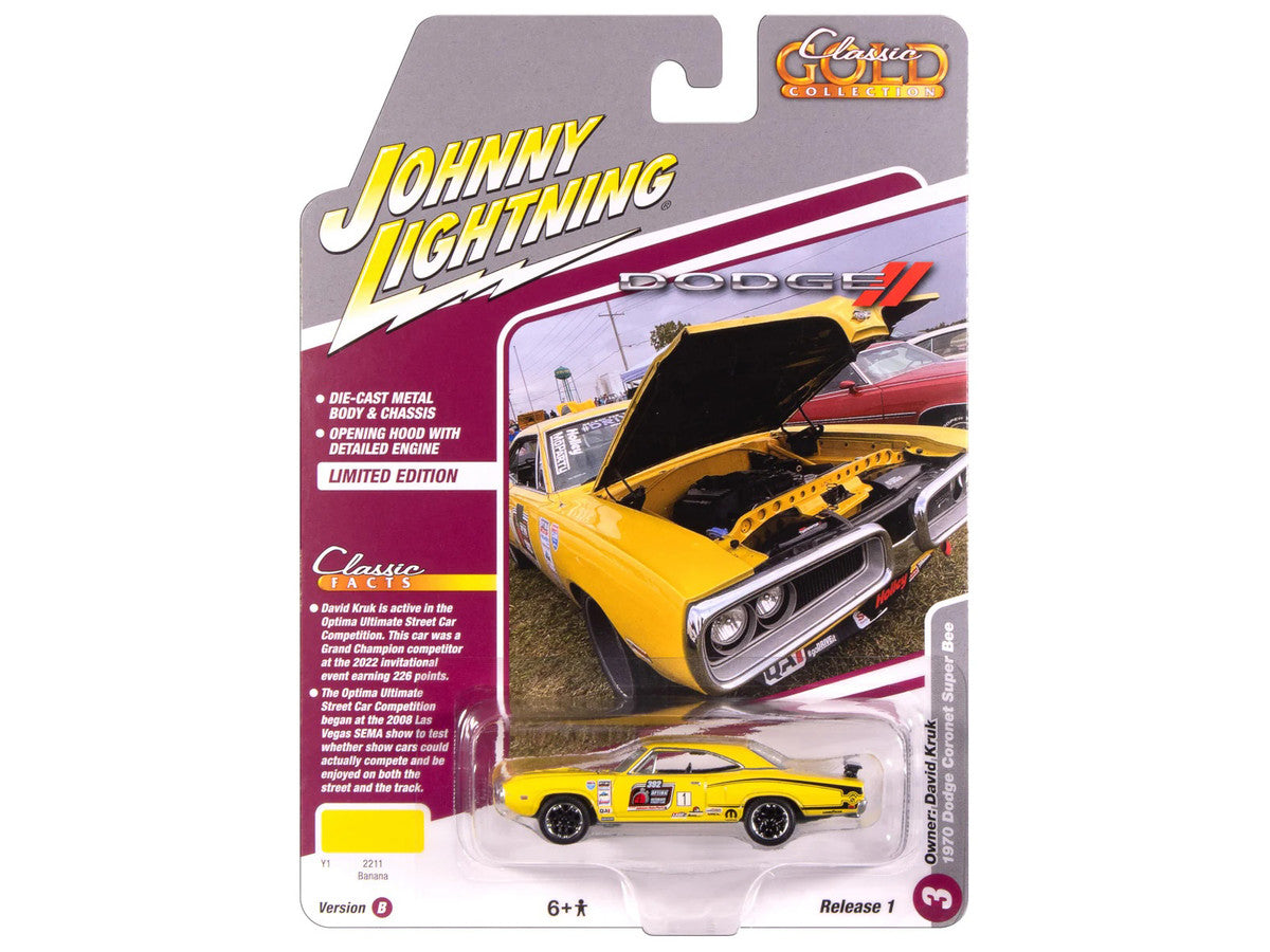 1970 Dodge Coronet Super Bee #1 "David Kruk" Banana Yellow with Black Stripes and Top "Classic Gold Collection" 1/64 Diecast Model Car by Johnny Lightning LuxuryLifeWay Online Store
