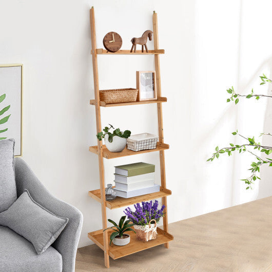 5-Tier Ladder Shelf Bamboo Bookshelf Wall-Leaning Storage Display Plant Stand-Natural LuxuryLifeWay Online Store