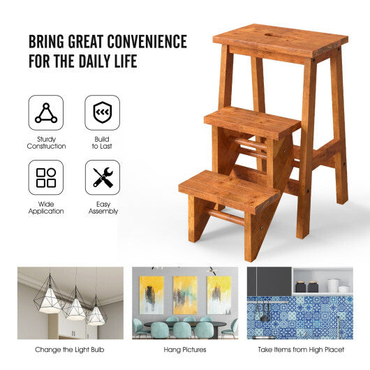 3-in-1 Rubber Wood Step Stool with Convenient Handle-Brown LuxuryLifeWay Online Store